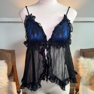 Vintage 90s Black and Blue Lace Sheer Lingerie Cami Slip Top Fairy Gothic Grunge